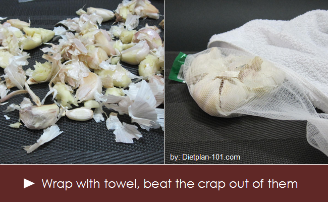 Wrap garlic and whack on hard surface