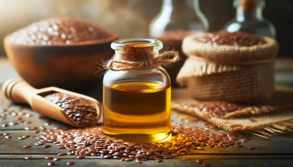 a close-up of flaxseed oil in a glass bottle with flaxseeds scattered around it on a table. The scene is set against a rustic background, effectively showcasing the oil's rich, golden color and highlighting its versatility as a dietary supplement and in cooking