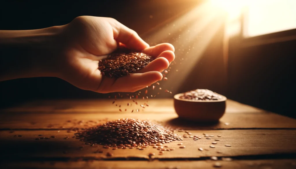 A hand scattering flaxseeds over a wooden table with sunlight highlighting the seeds. This image sets a warm, inviting atmosphere that emphasizes the natural and wholesome essence of flaxseeds: