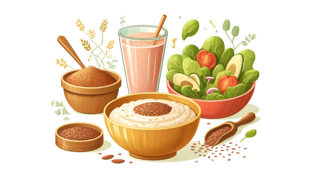 Illustration of various healthy foods including a bowl of oatmeal, a smoothie, and a salad, all garnished with ground flaxseed. The scene promotes a balanced and nutritious diet, emphasizing the versatility of flaxseed as a dietary supplement that can be easily added to everyday meals.